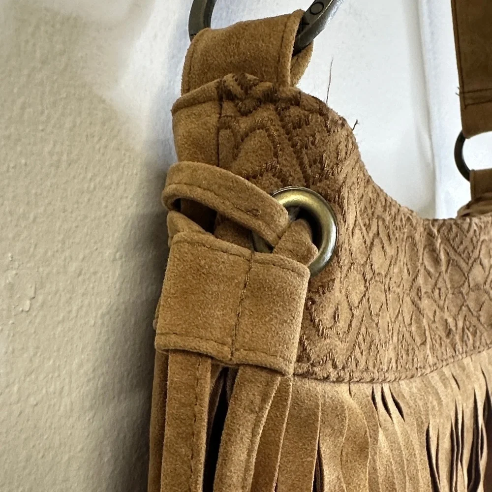 Roxy Faux Suede Tan Fringe Shoulder Boho Bag - Picture 3 of 13
